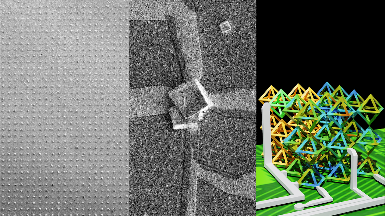 Chip-integrated 3D nanostructured device fabricated using DNA self-assembly (Left panel). A DNA crystal is grown at a designated substrate location (about 1000 crystals on 5μm pads are shown on a Right panel), then mineralized to silica and volumetrically templated with a semiconductor material before electrodes are attached (Center panel). The resulting device exhibits an electrical response when exposed to light. Thousands of such 3D devices can be grown in parallel using this bottom-up fabrication approach.