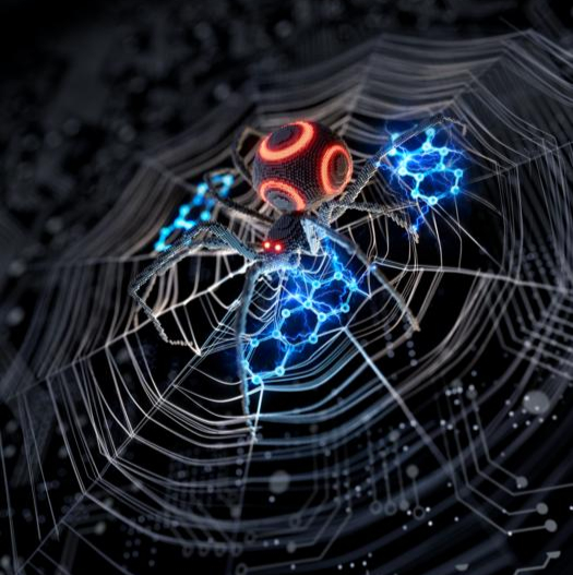 In this imaginative artwork, a lanthanide-doped nanoparticle takes the form of a spider and the web spun by the spider is made of 9-anthracenecarboxylic acid, an organic antenna designed to trap charge carriers and efficiently harvest elusive ‘dark’ molecular triplet excitons.