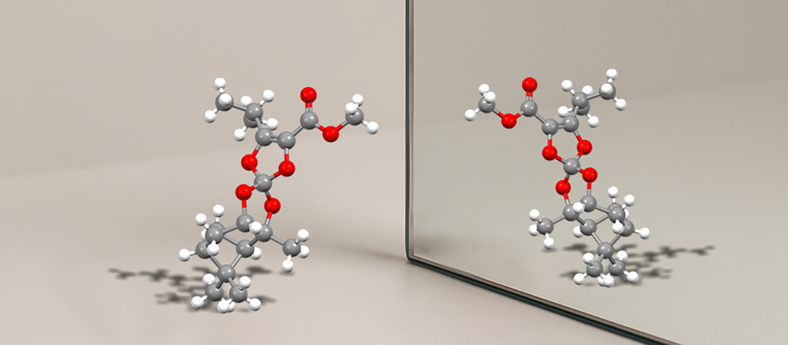 Mirror molecules synthesized in this study, featuring an asymmetric carbon (grey) fully substituted by oxygen atoms (red), Hydrogen atoms are in white.