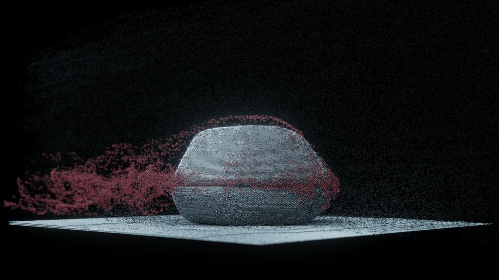 The Nano-Burger in action: the two “halves' of the platinum-rhodium catalyst interact with reagents in this simulation.
