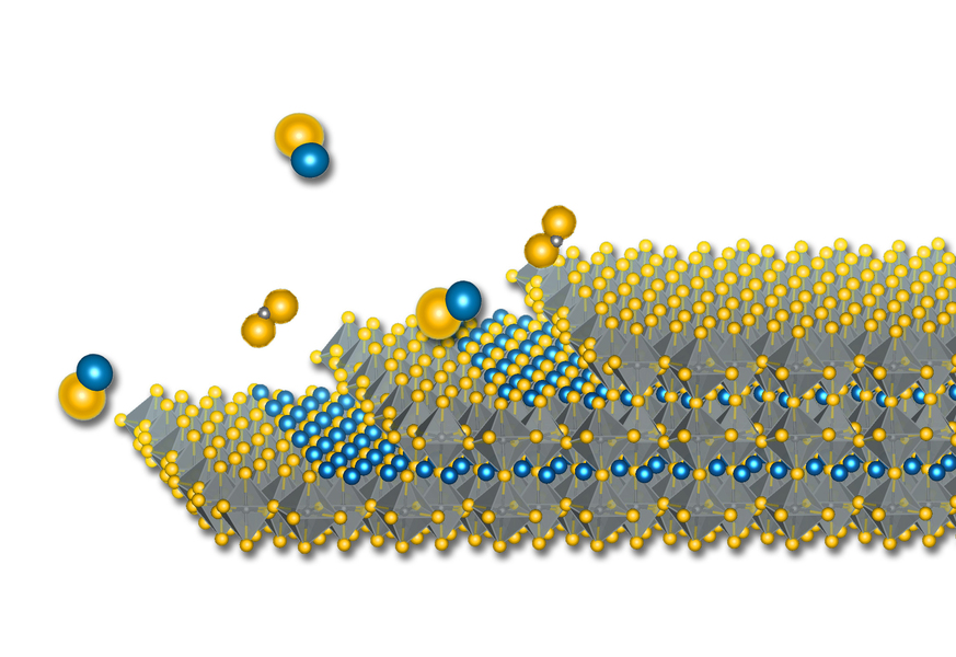 Artist’s conception of the epitaxial growth of a chalcogenide perovskite thin film. The material represents a new family of semiconductors. @ Felice Frankel