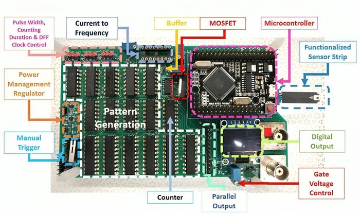 The printed circuit board used in the saliva-based biosensor, which can detect breast cancer biomarkers from extremely small saliva samples in about five seconds, costs about $5. The design uses widely available components such as common glucose testing strips and the open-source Arduino platform. @ Hsiao-Hsuan Wan