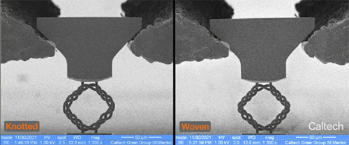 The tensile strength of a material constructed with microscale knots (left), compared to that of a material that lacks knots but is otherwise structurally identical (right). @ Caltech
