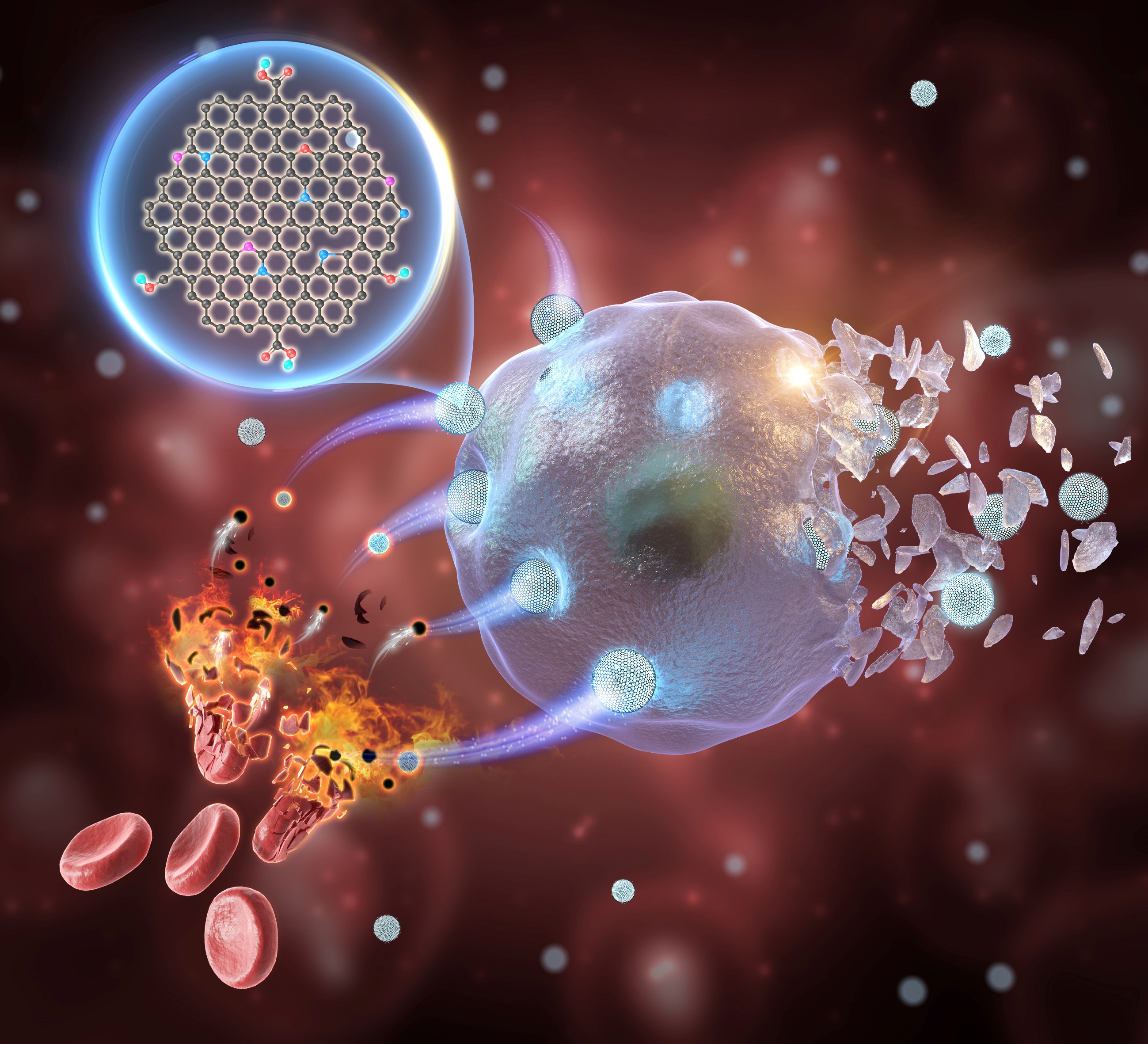 Schematic illustration showing the role of GQDs, derived from erythrocyte membranes, as peroxidase--mimic enzyme for tumor catalytic therapy. @ LIU Hongji