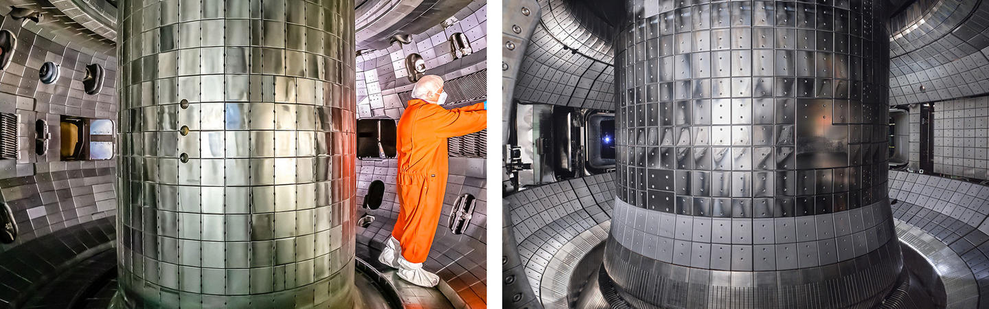 Machine learning code that detects and eliminates plasma instabilities was deployed in the two tokamaks shown above: DIII-D and KSTAR. @ General Atomics and Korean Institute of Fusion Energy