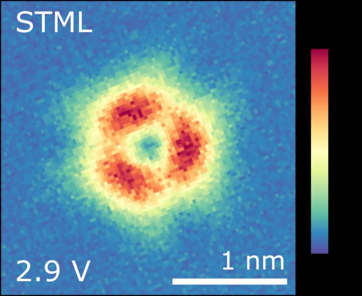A map shows the intensity and locations of photons emitted from a thin film material while a voltage is applied. @ Berkeley Lab