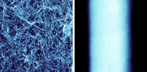 Scanning electron microscopy image of the CuNW network on a copper-sprayed surface. Right: Up-close image of CuNW nanowire, which is about 60 nm in diameter, approximately 100x smaller than a human hair. @ Ames National Laboratory