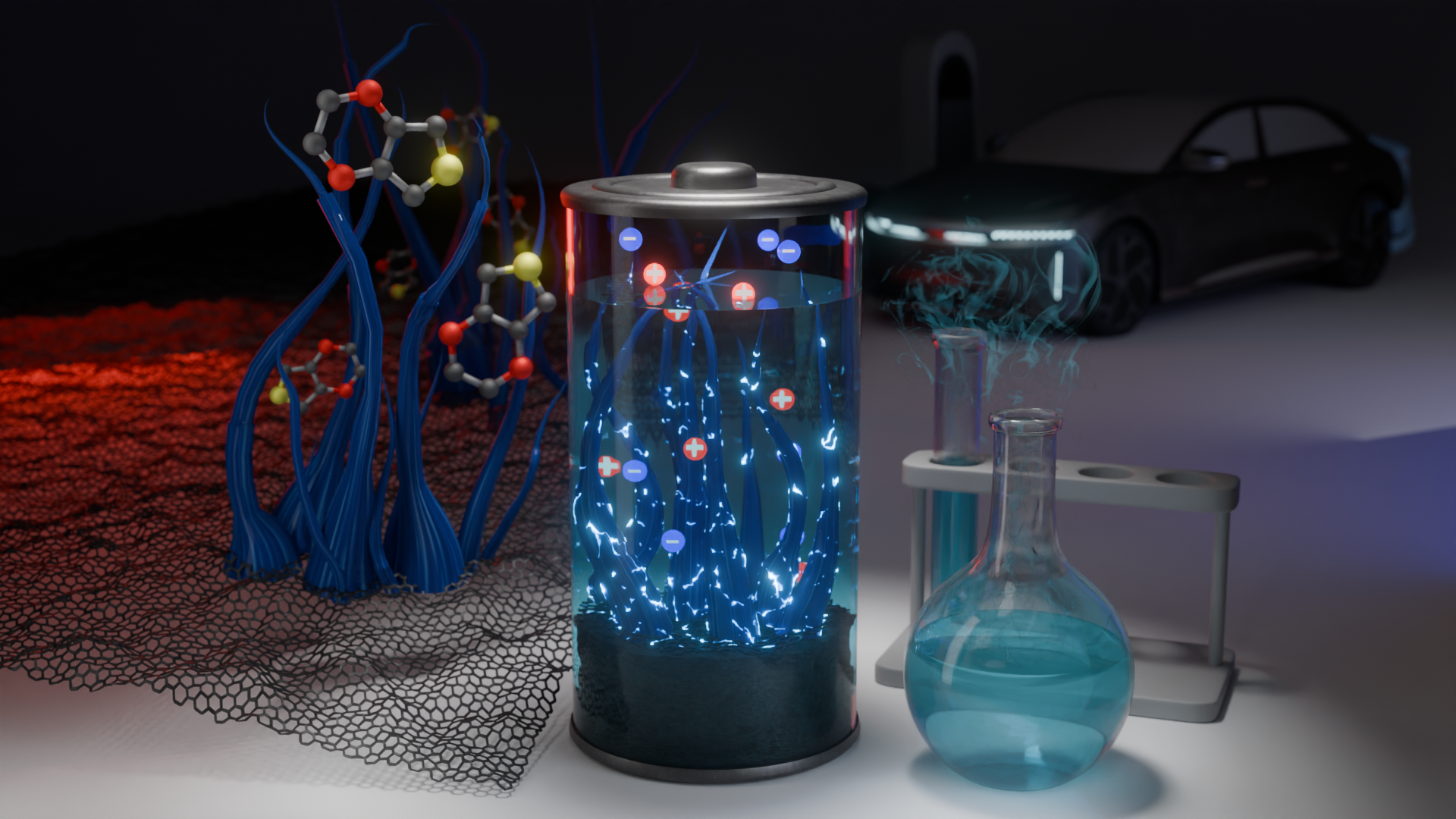 Illustration of a PEDOT film on a graphene sheet that can be used in supercapacitors to store large amounts of energy.
