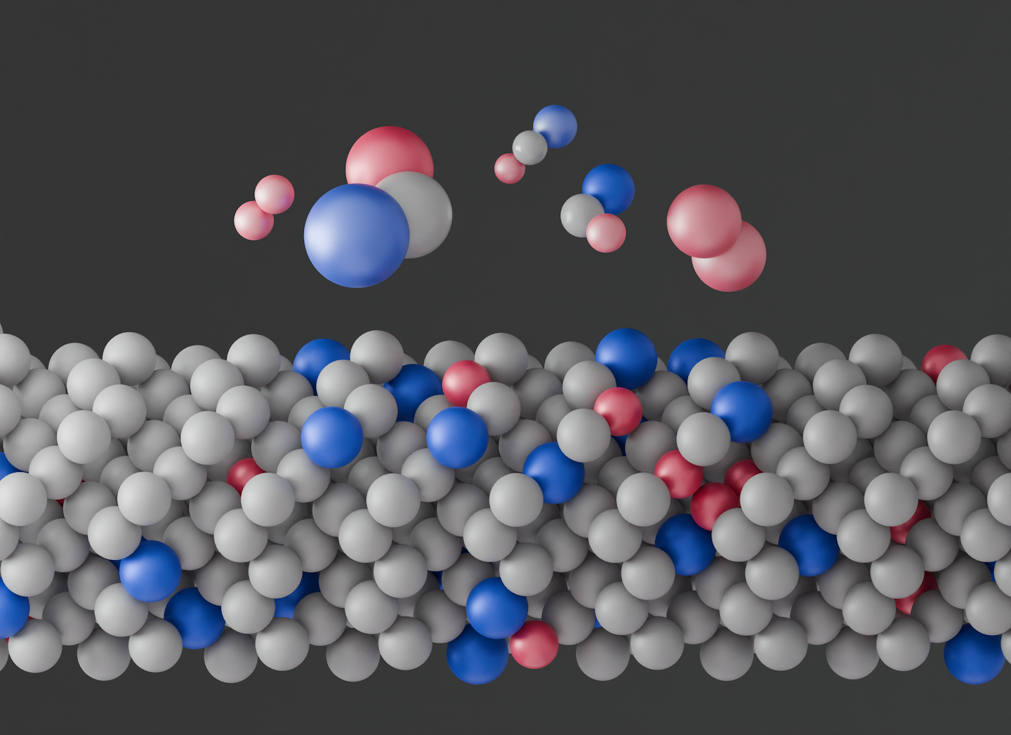 An illustration of the semiconductor material investigated for this study, which is composed of germanium with small amounts of silicon and tin. The germanium atoms are depicted as gray spheres, the silicon as red and tin as blue.