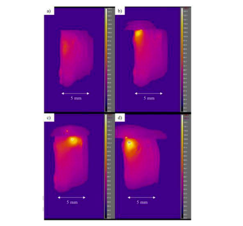 Another surprising observation of electric heating of glass is that the hot spot near the positive electrode may meander around as seen in the video frames several seconds apart in the figure here. For the video and explanation of this phenomenon see the publication at: https://doi.org/10.1038/s41598-019-39431-8 CREDIT Himanshu Jain, Nicholas J. Smith, Craig Kopatz and Charles T. McLaren