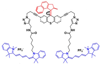 A chemical schematic shows the design of single-molecule nanosubmersibles created at Rice University. The sub's fluorescent pontoons are blue; the motor is red. (Illustration by Victor García-López