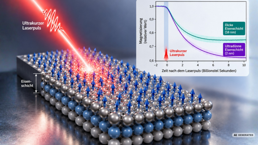 An ultra-short laser pulse alters the magnetic order of a layer of iron. The thinner the layer, the greater the demagnetisation. The diagram shows the different patterns observed in a 16-nanometre-thick and a 2-nanometre-thick layer of iron. (Schematic illustration, AI-generated). Credit: UDE with AI