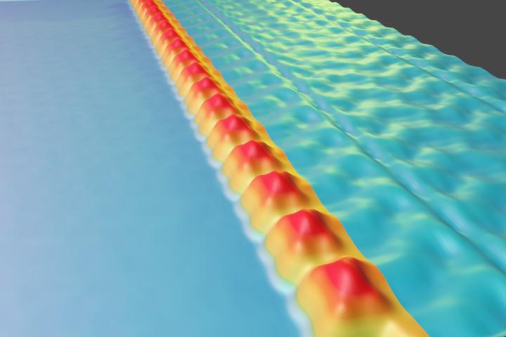 STEM (scanning transmission electron microscopy) image of a one-dimensional array of F4TCNQ molecules (yellow-orange) on a gate-tunable graphene device. @ Berkeley Lab