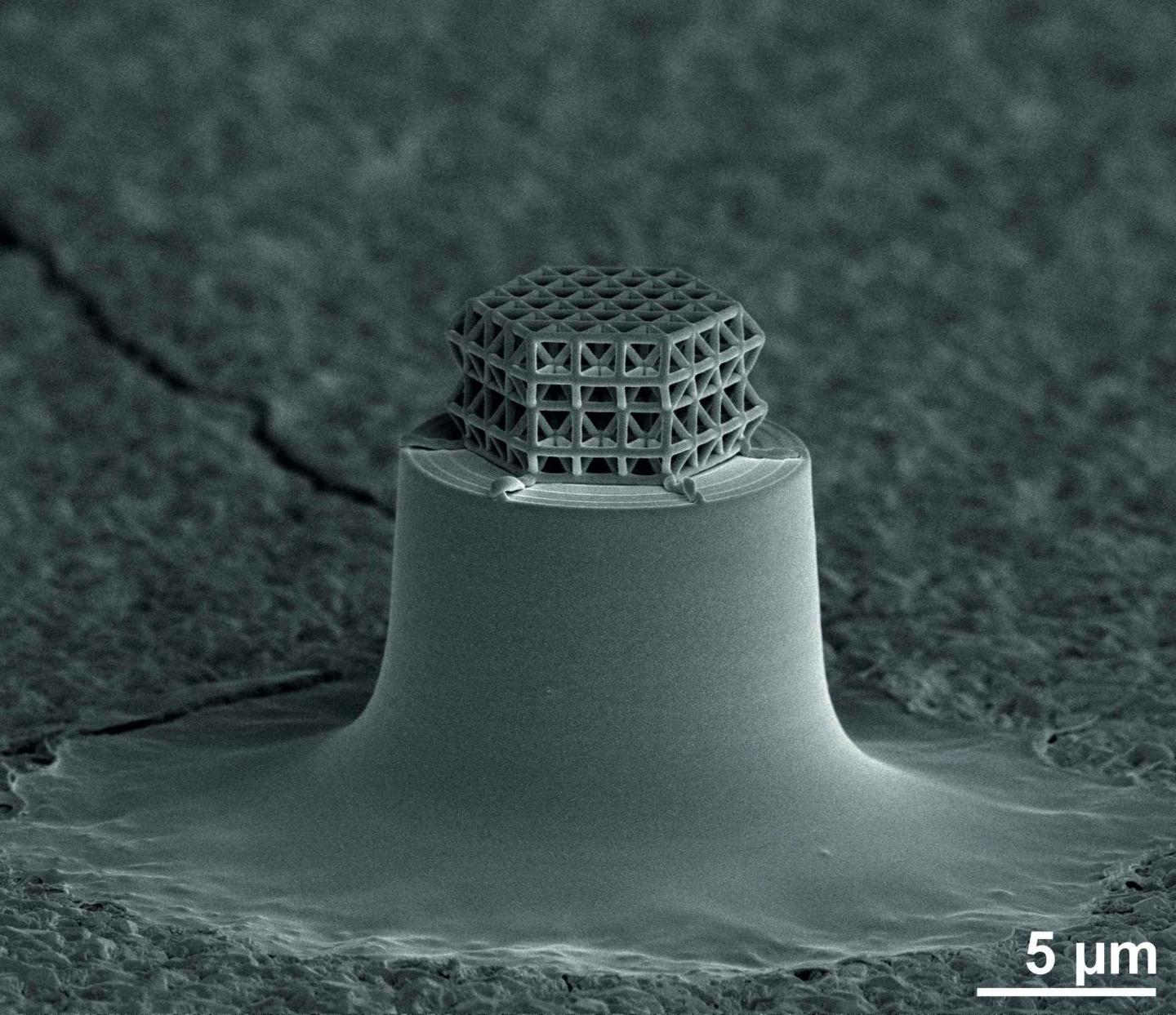 The smallest lattice in the world is visible under the microscope only. Struts and braces are 0.2 µm in diameter. Total size of the lattice is about 10 µm. CREDIT Photo: J. Bauer / KIT