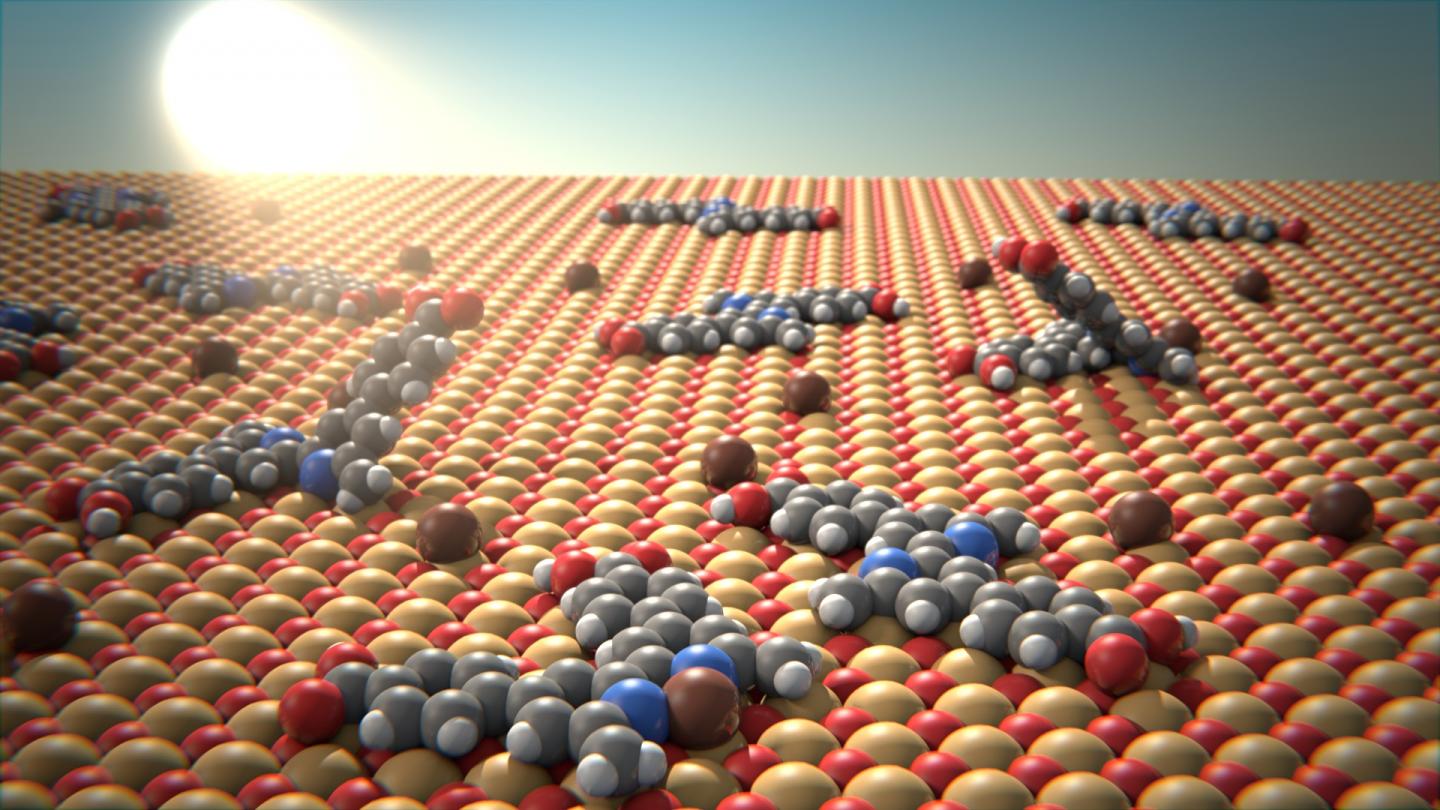 Scientists were able to determine the spatial arrangement of bipyridine molecules (gray) on a surface of nickel and oxygen atoms (yellow/red). Rotation changes the transconfiguration (front right) to a cis configuration (front left). @ University of Basel, Department of Physics