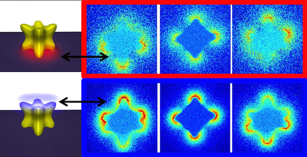 Drawings and maps detail the localized surface plasmon resonances in gold-palladium octopod nanoparticles created at Rice University. The light-driven oscillations on the surface, especially at the tips, help define and enhance the ability of the palladium catalysts. Courtesy of the Ringe Group/Rice University