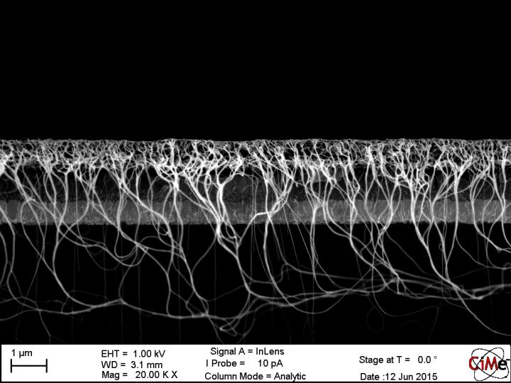 Cross-section of the solar cell in an electron microscope image. The fluff seen in the front of the image is composed of bundles of nanotubes that have become half-loose when the samples have been prepared for imaging. @ Photo by Aalto University / University of Uppsala / EPFL