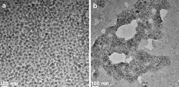 TEM images of MOFs and iron-oxide nanocrystals self-assembling into a bilayer film. (Credit: Jeff Urban et al./Berkeley Lab)