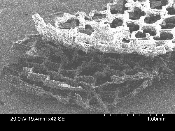 This photomicrograph shows three sheets of the scaffold on top of each other; the hook and loop mechanism can be seen in the middle layer (Credit: Radisic Lab).