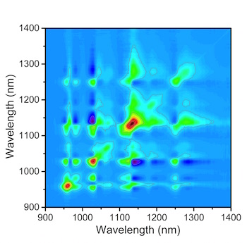 A covariance matrix produced with a new technique at Rice University maps fluorescence signals from various species of single-walled carbon nanotubes that are beginning to aggregate in a sample. The matrix allows researchers to know which types of nanotubes (identified by their fluorescence spectra) have aggregated and in what amounts, in this case after four hours in solution. (Credit: Weisman Lab/Rice University)
