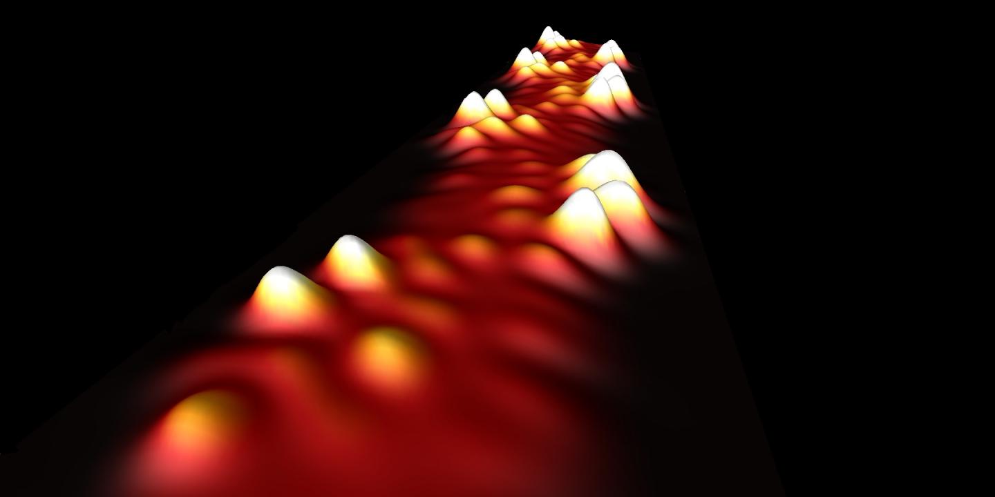 Scanning tunneling microscope image of wide-band metallic graphene nanoribbon (GNR). Each cluster of protrusions corresponds to a singly-occupied electron orbital. The formation of a pentagonal ring near each cluster leads to a more than tenfold increase in the conductivity of metallic GNRs. The GNR backbone has a width of 1.6 nanometers. @ UC Berkeley image by Daniel Rizzo