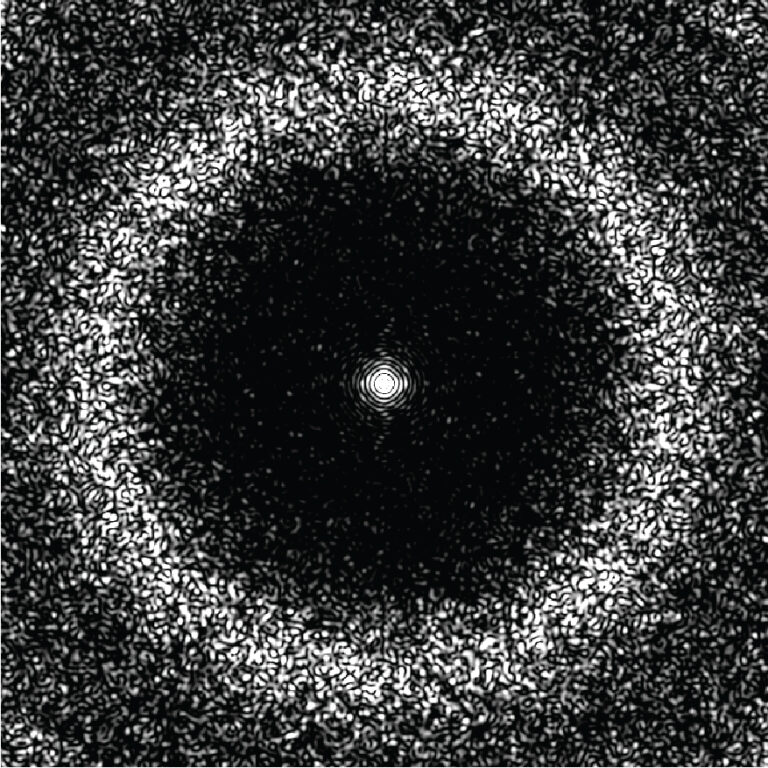 The electron diffraction pattern of a fully melted electron crystal, based on predictions made by a computer model. Image credit: Jeremy Shen, Hovden Lab, University of Michigan Engineering.