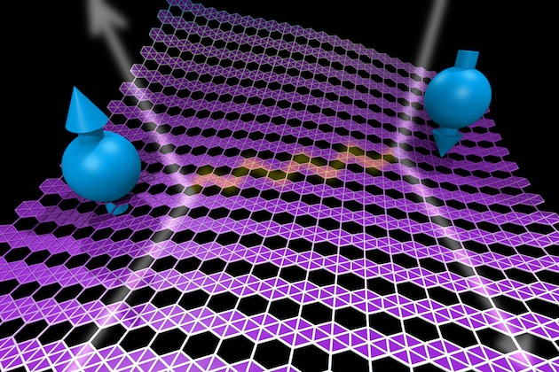 Electrons with opposite momenta and spins pair up via lattice vibrations at low temperatures in two-dimensional boron and give it superconducting properties. Illustration by Evgeni Penev