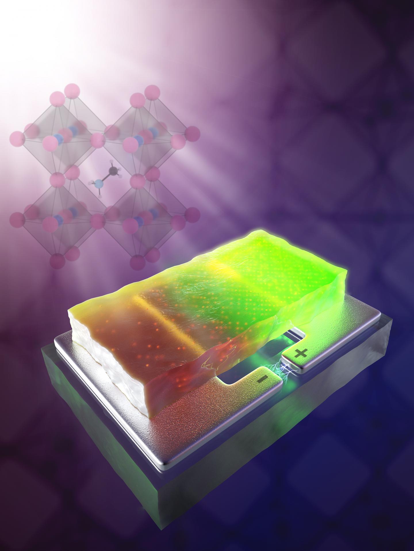 The inside back cover image of the Nov. 20, 2017 issue of Advanced Materials illustrates how ion migration in a hybrid perovskite crystal affects solar cell performance in different areas of the crystal. @ AMOLF