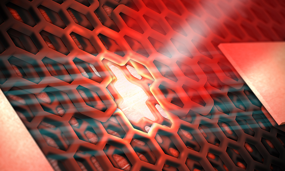 This illustration shows an optically active quantum dot at the overlap of two atomically thin layers of tungsten diselenide, as in the experiment carried out by Chakraborty et al. Image by Michael Osadciw/University of Rochester.