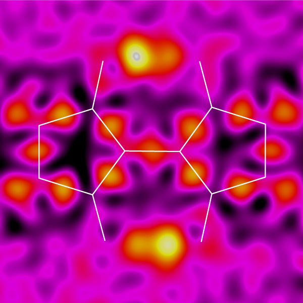 Single-crystal x-ray analysis captures the two protons (bright yellow spots, top and bottom) moving between two positions on the molecule. @ Royal Society of Chemistry