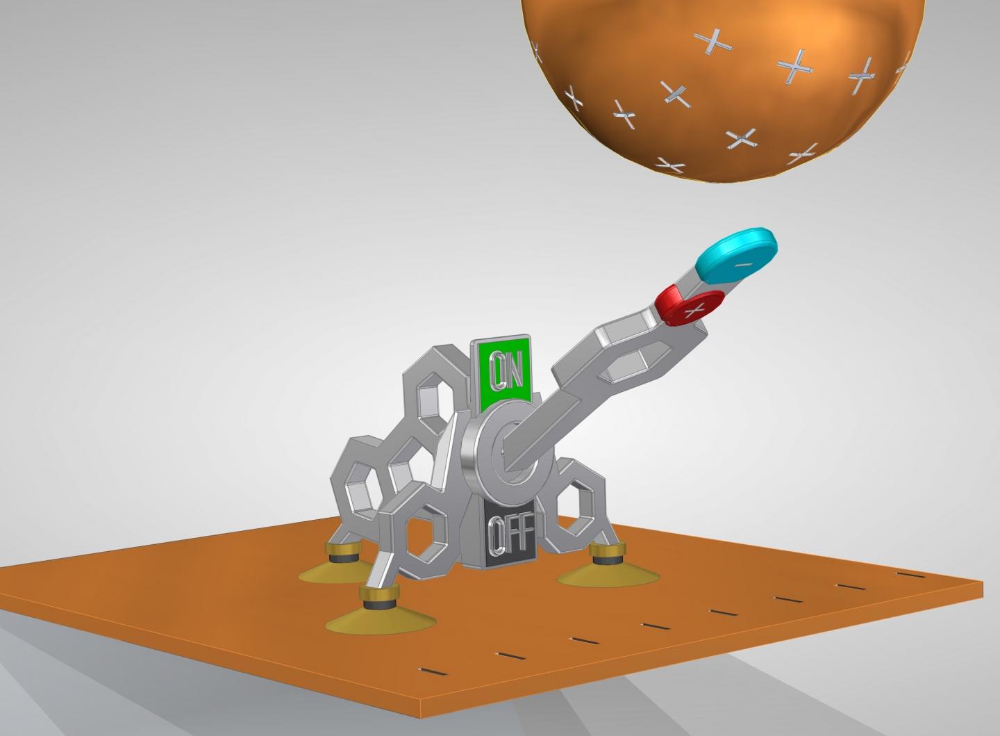 Schematic of a tripodal single molecule switch. The height of the molecular head, containing a dipolar group, can be changed through applied electric fields. In this way an electric current can flow between the gold electrodes through the molecule or not, the switch is "on" or "off". @ University of Konstanz