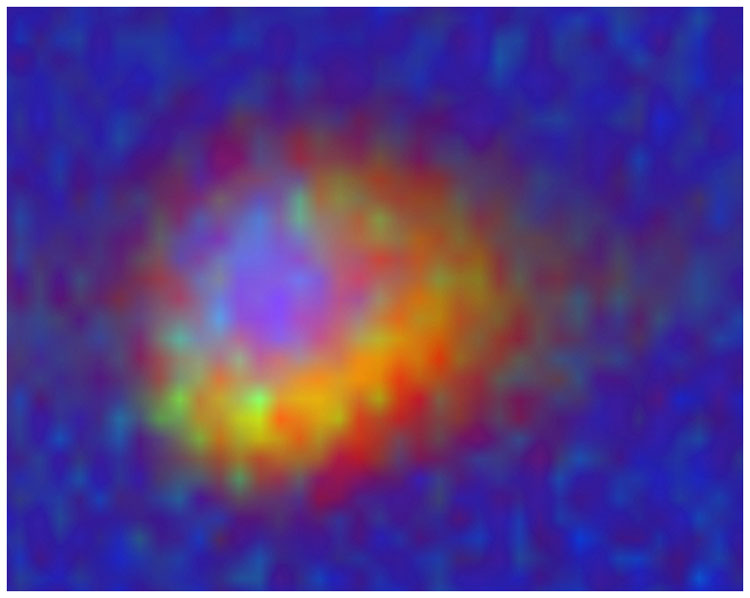 The nanoparticle is approximately 5-600 nanometers in diameter (a nanometer is a millionth of a millimeter). Innermost is the magnetic bead. In the surrounding ring is the biological base material with the encapsulated cytotoxin (yellow dots). The image was obtained at the Paul Scherrer Institute in Switzerland. (Credit: Bordallo and Martins, Niels Bohr Institute)