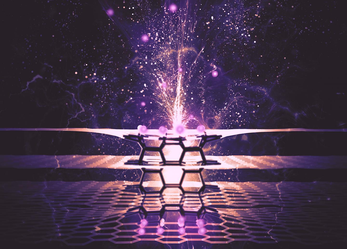 Rice University researchers have expanded their theory on converting graphene into 2D diamond, or diamane. They have determined that a pinpoint of pressure can trigger connections between layers of graphene, rearranging the lattice into cubic diamond. @ Illustration by Pavel Sorokin