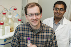 Rice University researchers Jeffrey Hartgerink, left, and Vivek Kumar led research that combines a derivative of snake venom with their nanofiber hydrogel to help encourage blood clotting in wounds, even for patients who take anti-coagulant medications. (Credit: Jeff Fitlow/Rice University)