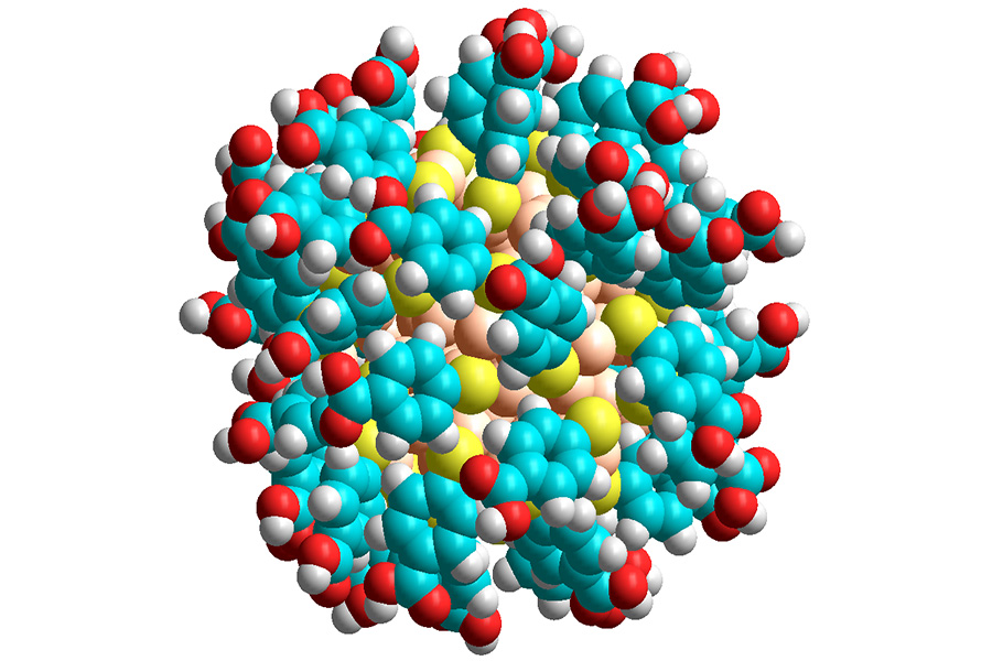 A gold nanoparticle: gold atoms are coloured pale orange, sulphur yellow, oxygen red, carbon cyan and hydrogen white.