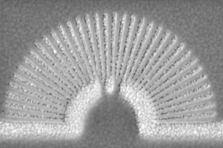 The image (above) shows a metamaterial hyperlens. The light-colored slivers are gold and the darker ones are PMMA (a transparent thermoplastic). Light passes through the hyperlens improving the resolution of very small objects.