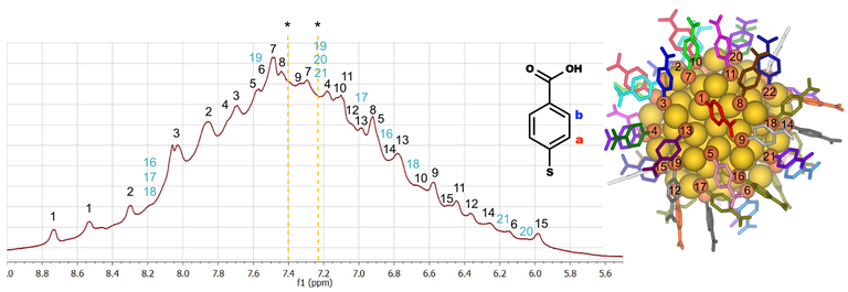 The proton NMR spectrum originating from the ligand layer of the Au102 nanoparticle in water (left). The spectrum has been fully interpreted by assigning the observed signals (peaks) to all of the 22 symmetry-unique thiol ligands numbered in the solid state structure of the Au102 particle (right).