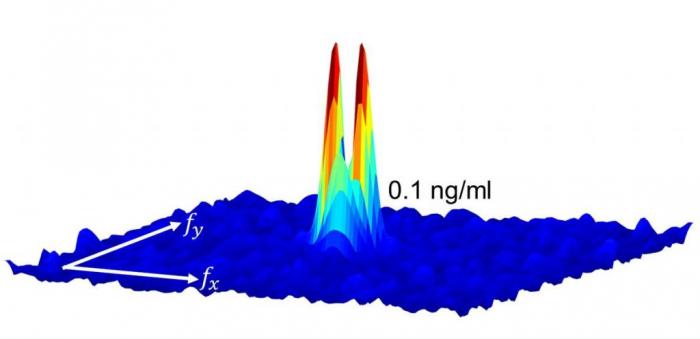 Spatial frequencies of a fluorescent image are analyzed by a custom-algorithm to detect the target fluorescence signal through the skin. Photo by Ozcan Research Group/UCLA