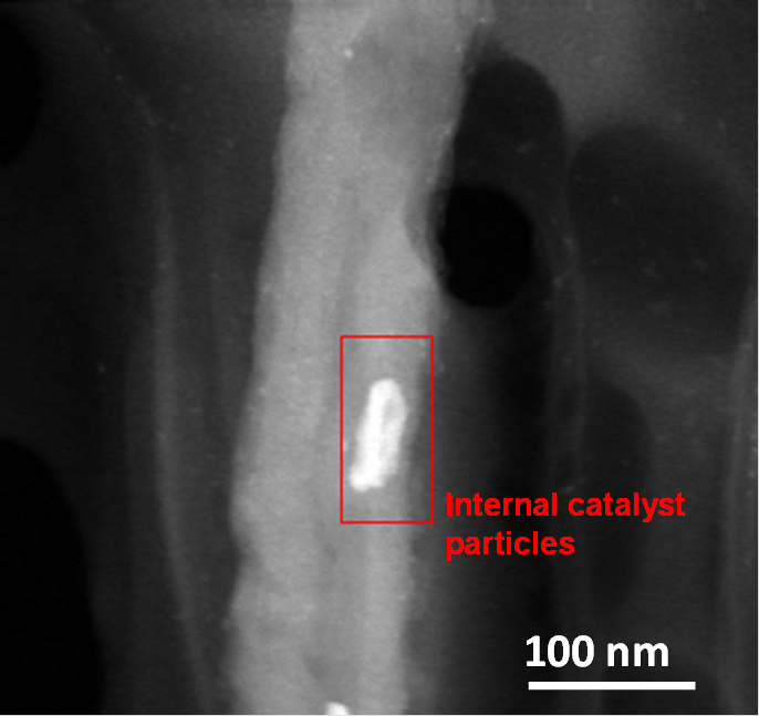 A multiwalled carbon nanotube cleaned with a process developed at Rice University and Swansea University shows iron catalyst residue has been removed from the surface, while most particles have been removed from inside the nanotube’s walls. The process is expected to make nanotubes more suitable for applications like drug delivery and solar panels. (Credit: Virginia Goméz Jiménez/Swansea University)