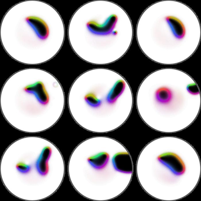 Simulated snapshots of short-lived, turbulent magnetization patterns during the formation of a skyrmion triggered by a current pulse. @MBI |Dr. Bastian Pfau