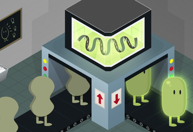 An artist’s impression of Yokobayashi’s nanomachine. A trigger molecule of RNA causes the nanomachine to change its shape and provide a fluorescent light signal. The trigger molecule is able to act on many nanomachines, allowing amplification of the light signal. Once fully developed, the technology could be used to identify disease states in patients. For more illustrations from @skeppuccino