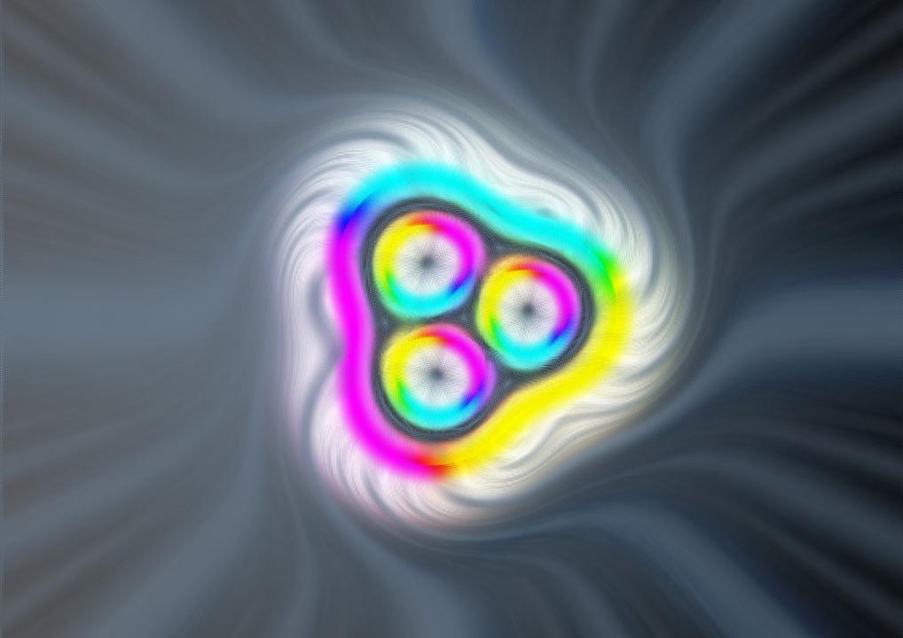 Each point represents a direction of the magnet, with white upwards, black downwards and colours around a colour wheel. The bags consist of three vortex-like lumps, which are the skyrmions inside the bag. @ University of Birmingham