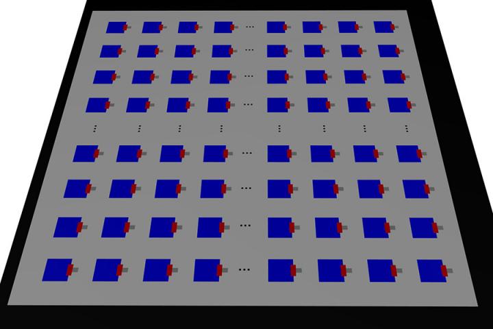 The image, above, shows graphene-based nanoantennas (blue and red dots) on a chip. @ University at Buffalo