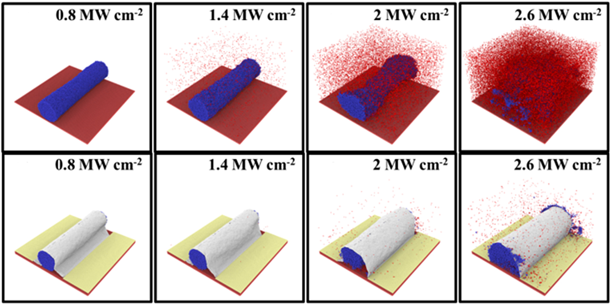 New research shows wrapping silver nanowires, which are promising for applications such as flexible displays and solar cells, with an ultrathin layer of carbon called graphene protects the structures from damage and could represent a key to realizing their commercial potential. The lower images depict how graphene sheathing protects the nanowires even while being subjected to 2.5 megawatts of energy intensity per square centimeter from a high-energy laser, an intensity that vaporizes the unwrapped wires. The upper images depict how the unwrapped wires are damaged with an energy intensity as little as .8 megawatts per square centimeter. (Purdue University photo)
