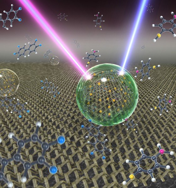 Artistic illustration showing an ultrasensitive detection platform termed slippery liquid infused porous surface-enhanced Raman scattering (SLIPSERS). In this platform, an aqueous or oil droplet containing gold nanoparticles and captured analytes is allowed to evaporate on a slippery substrate, leading to the formation of a highly compact nanoparticle aggregate for surface enhanced Raman scattering (SERS) detection. Credit: Shikuan Yang, Birgitt Boschitsch Stogin and Tak-Sing Wong/Penn State