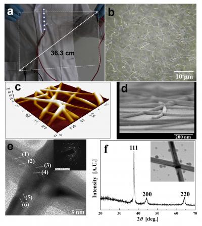 Left, photograph of a large-scale silver nanowire-coated flexible film. Right, silver nanowire particles viewed under the microscope. @ S.K. Yoon, Korea University