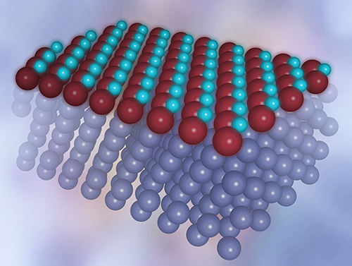 Computer visualization of a single layer of a new form of iron oxide on a platinum substrate. Iron atoms in brown, oxygen atoms in light blue. (Source: IFJ PAN)