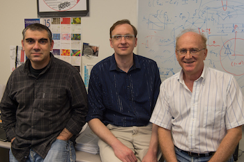 From left: Evgeni Penev, Alex Kutana and Boris Yakobson. Photo by Jeff Fitlow