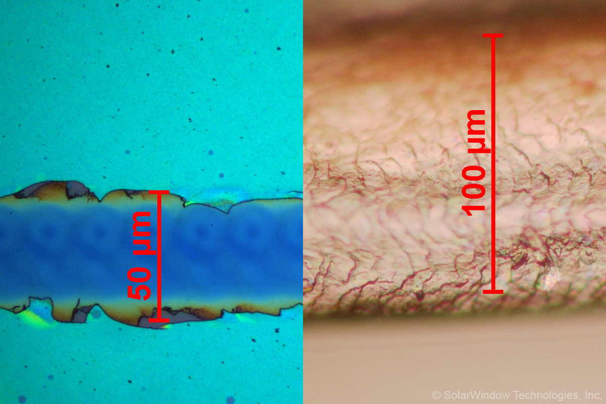 SolarWindow™ Transports Electricity Within Coatings Using Microscopic Channels (Left) That Are One-Half the Width of Human Hair (Right) (Photo: SolarWindow Technologies, Inc.)