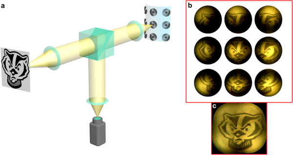 Bringing Bucky into focus, curved arrays of individual lenses allow small-scale sensors to perceive a broader picture. The cylindrical arrangement shown in the schematic allowed researchers to resolve a 170-degree field of view. Image courtesy of Hongrui Jiang